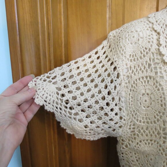VTG Faith Mountain Cream Crochet Lace Sweater Top Lined Button Short Sleeve L - Picture 4 of 11